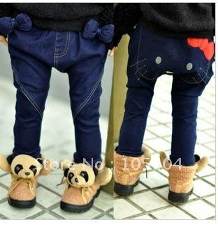 Free shipping new girls Jeans,girl pants, cute Cat jeans, cashmere thin section,lovely,pp pants with bow for spring/autumn