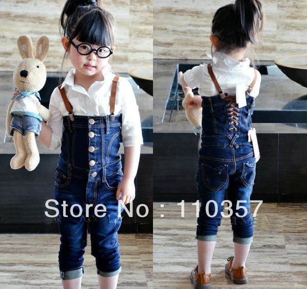 free shipping new girls suspender pants girls jeans suspender trousers kids overalls girls pants,5pcs /lots