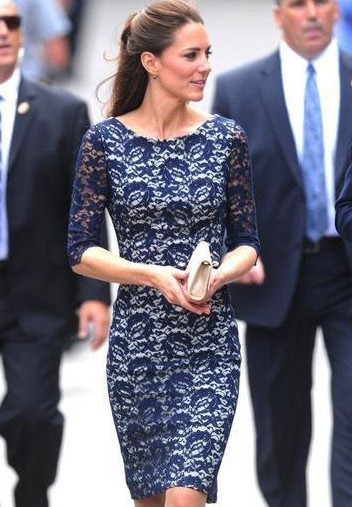 Free shipping New high quality Princess Kate lace half sleeve dress; Princess Kate Dark Blue Full Lace Dress Visiting Canada