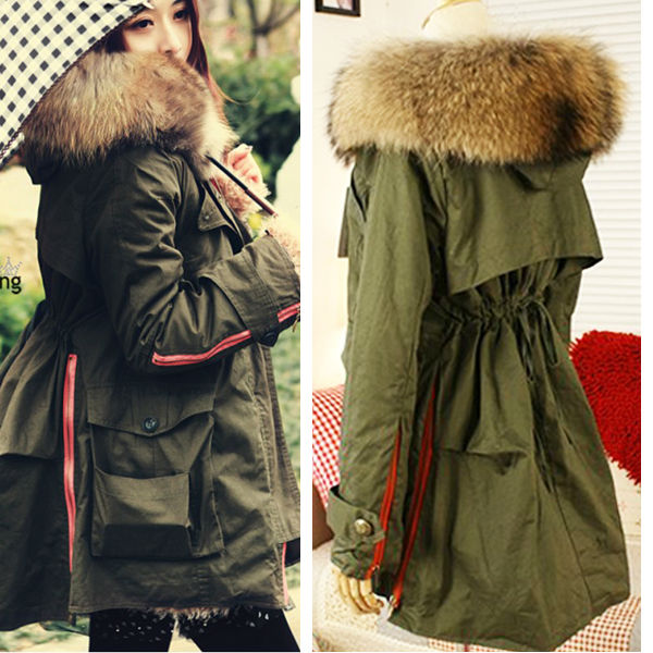 Free shipping  New High quality ultralarge raccoon  fur Army Green jacket cotton-padded long coats for woman military jacket