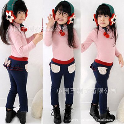 Free shipping  New Hot 3-8years girl Bowknot lace elastic knitting jeans children fashion trousers Long Causal Pants 5pcs/lot