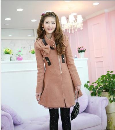 Free Shipping  New hot Couture stand-collar slim long wool woolen cloth Patchwork Leather bow wool coat