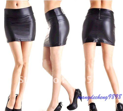 Free Shipping New Hot Fashion Women Stretch PU Leather Look Tights Back Zip Mini-skirt Dress S/M/L