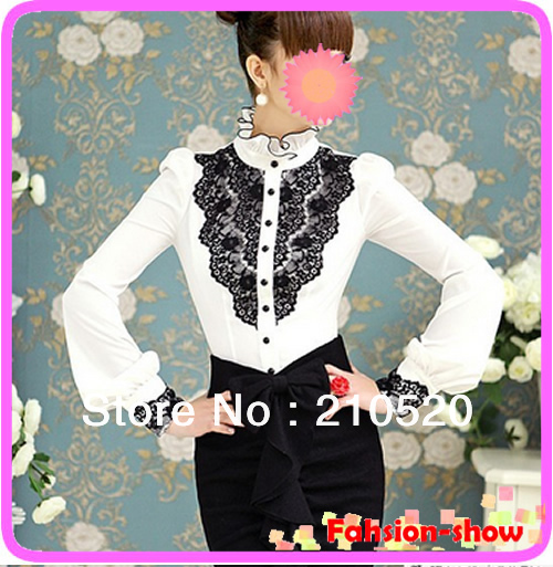 Free Shipping New Hot Fashion Womens Black Lace Tops Vintage Ruffles Puff Sleeve Blouse White