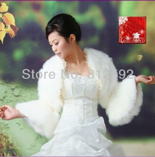 Free shipping! New ivory shawl horn long-sleeved fake fur brides warm coat shrug jacket wrapped Wholesale/Retail