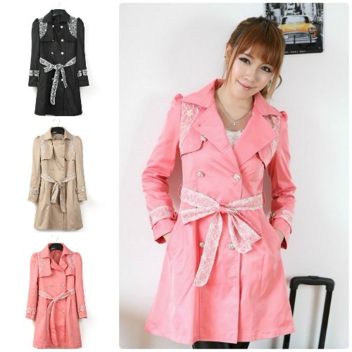 Free shipping New Korean double-breasted solid color long sleeve new female autumn lace lapel coat jacket windbreaker