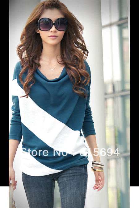 FREE SHIPPING NEW KOREAN STRIPE SPLICING LEISURE BAT SLEEVE LONG SLEEVE RENDER UNLINED UPPER GARMENT FASHION FEMALE T-SHIRT