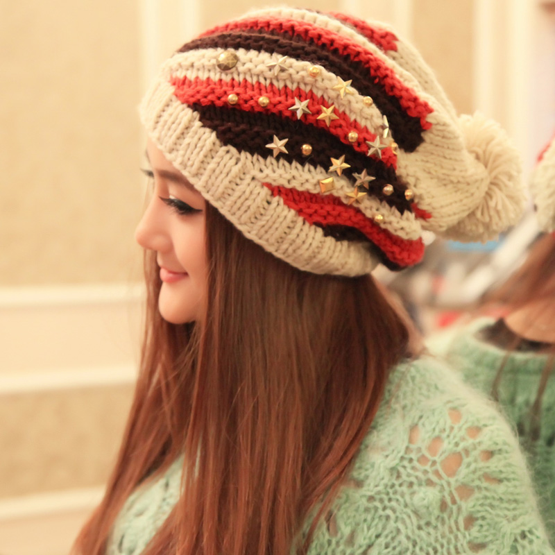 Free shipping new Korean version of the striped hat Thermal sphere knitted hat winter women's five-pointed star hiphop
