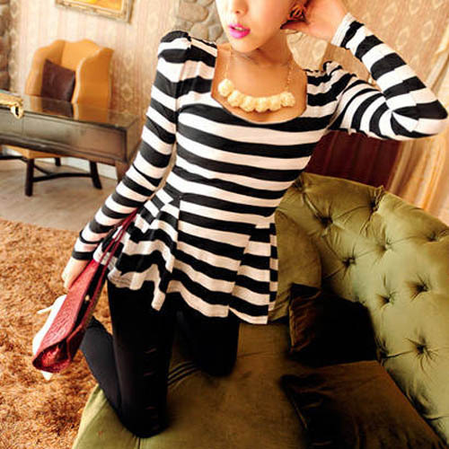 Free Shipping New Korean Women Wild Striped T-shirt Long Sleeve Sweat Heart Collar Tops Blouses Puff Ruffled Slim Shirt WS1006-2