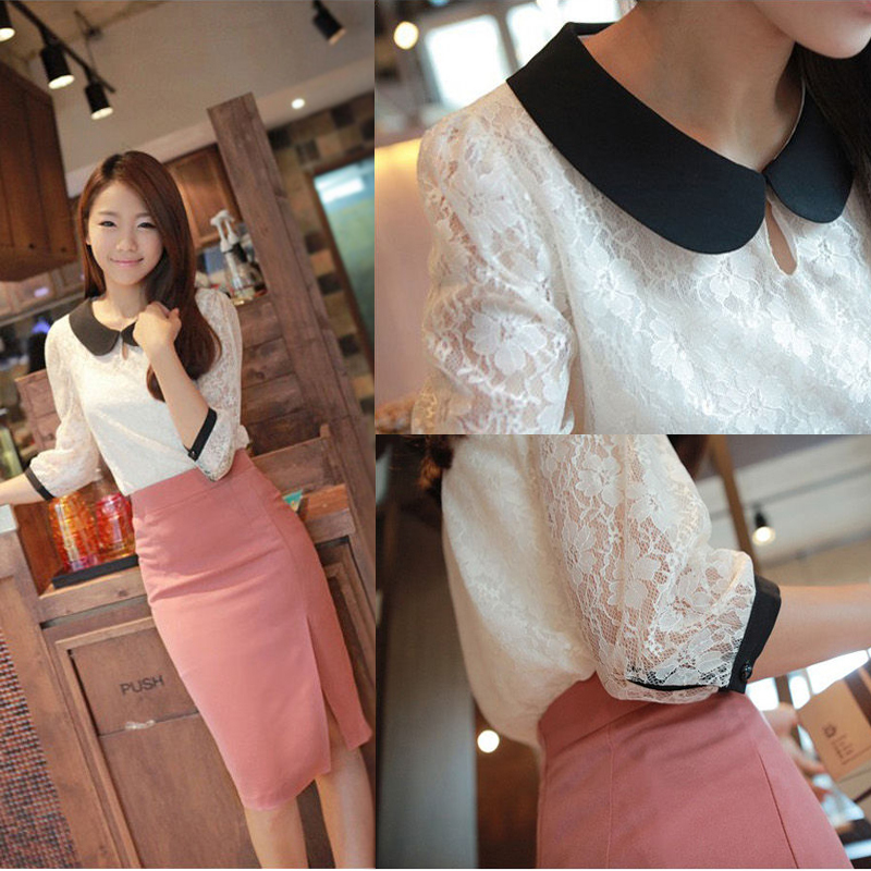 Free shipping new lace shirt 2013 sweet gentlewomen three quarter sleeve turn-down collar lace top