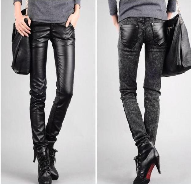 free shipping NEW Ladies' PU Leather joint casual pants jeans splicing thickening Leggings Render pants