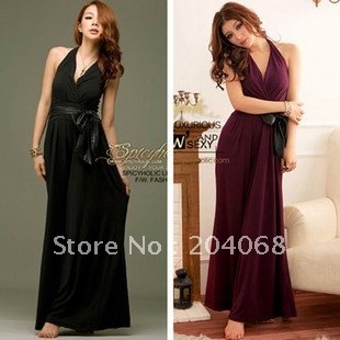 Free Shipping New Ladies' Sexy Jumpsuits with PU hanging neck and belt, deep -V neck & backless jumps, jumpsuits Sexy jumpers