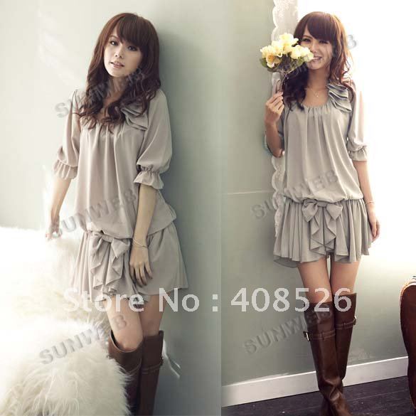 Free Shipping New ladies' summer Fashion Casual Ruffle Bowknot Mini Chiffon Dress M,L,XL 2301