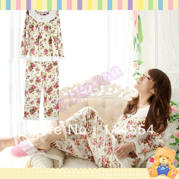 Free Shipping New Ladies Womens Cute Roses Long Sleeve Cotton Pajamas Sleepwear Home Wear 11171