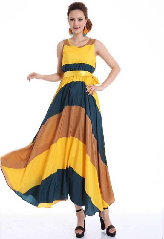 Free shipping New Lady Women's Summer Wear Round Collar Nipped-Waist Strip Longuette Dress