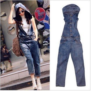 Free shipping new loose thin denim overalls, coveralls, denim hooded-G139