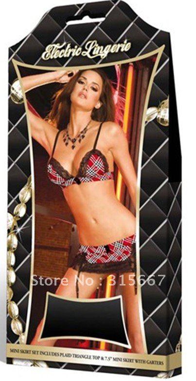 free shipping new model Sexy lingeries/ costume / Mini dress set with Plaid Triangle top&7.5*Mini skirt Garters  L097