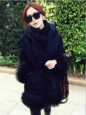 Free shipping-New Popular Women Celebrity Hooded Black Down Coat,Cute Lady Trench Cape Coat