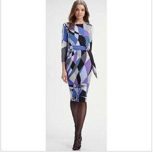 Free shipping new printing with belt violet elegant dress cultivate one's morality