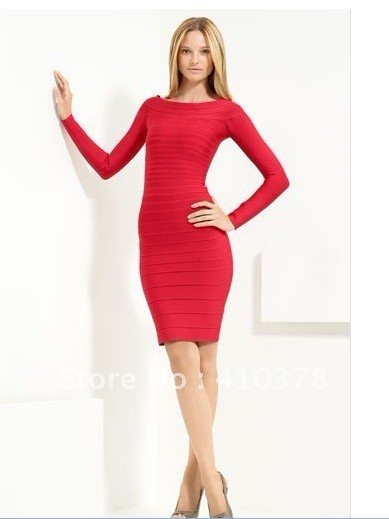Free Shipping New red color Women's Silk Long sleeve Celebrity h Bandage Dresses, red color long sleeve Evening Dress