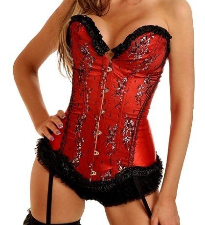 Free shipping New red satin lace up boned corset busiter with garter bodyshaper + G-string S-2XL