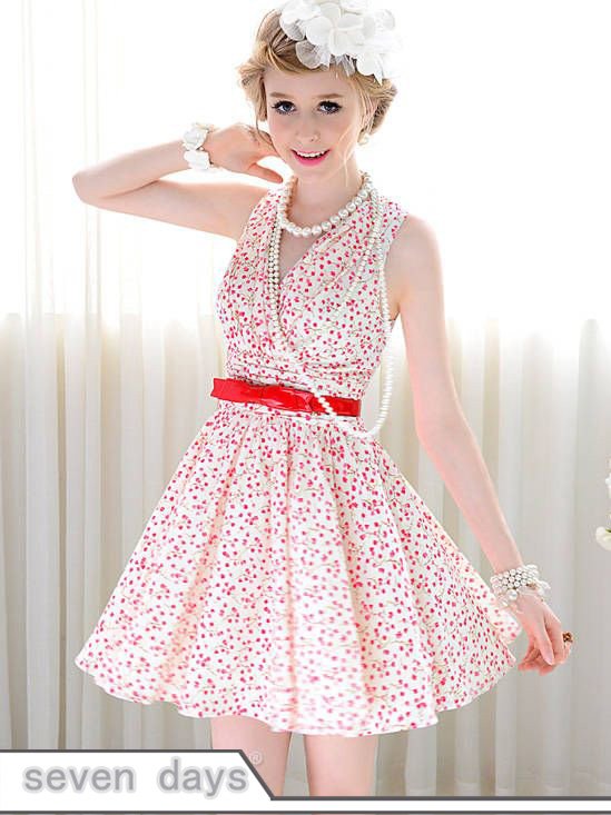 Free Shipping New Romantic Lady V-neck Floral Print Pleated Tank Mini Dress SL070217BI