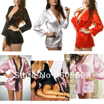 Free Shipping New Sexy Black White Pink Red Lingerie Imitate Silk Nightdress Bath Robe Sleepwear 6 Color S110-S116