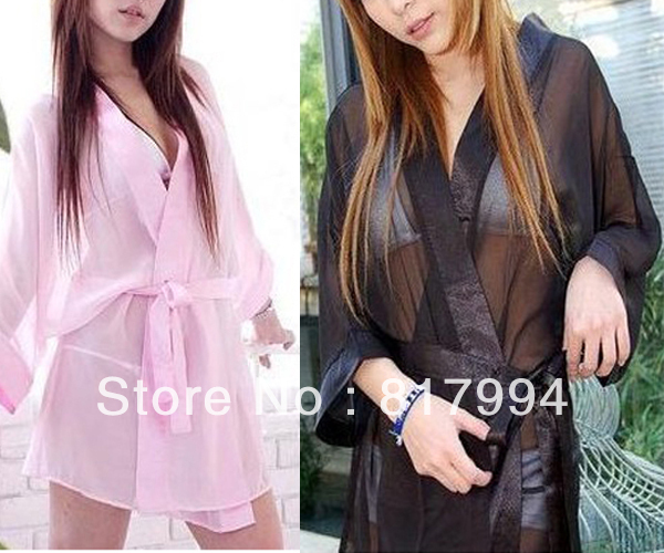 Free Shipping New Sexy Nightwear Black Pink Lingerie Sheer Mesh Bath Robe Sleepwear Dress G-String