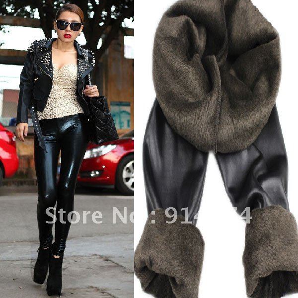Free Shipping New Sexy Punk Winter Thick Warm Fleece Lined Womens Black leggings Stretchy Imitation leather Pants  LA011