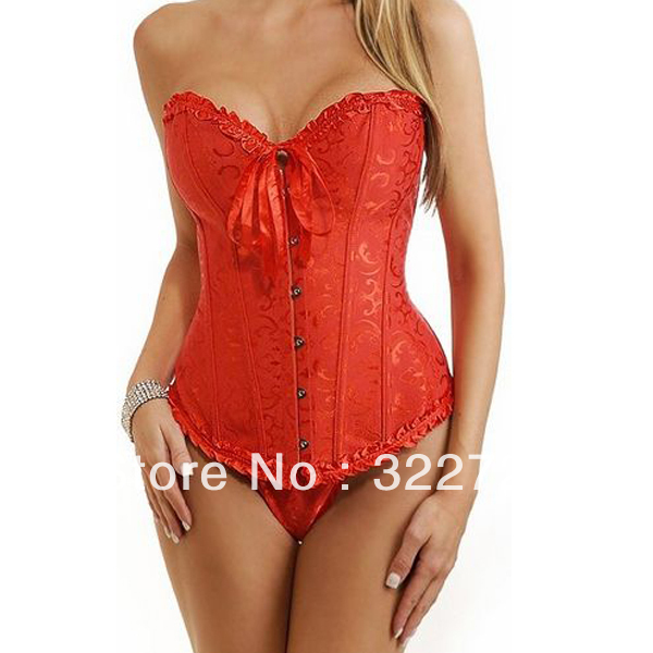 Free Shipping!! New Sexy Red Lace up Steel Bustier G-String Overbust Corset Lingerie 4211Red