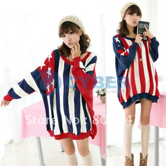 Free Shipping New Sexy Women's Loose Sweater Batwing Sleeve Jumper Stripe Knitwear Red/Blue 7711