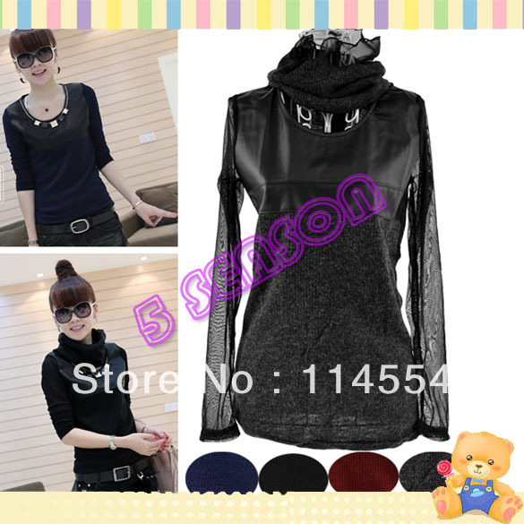 Free Shipping New Sexy Women's Top Detachable Collars Synthetic Leather Splicing T-shirt Long Sleeve With Necklace 9474