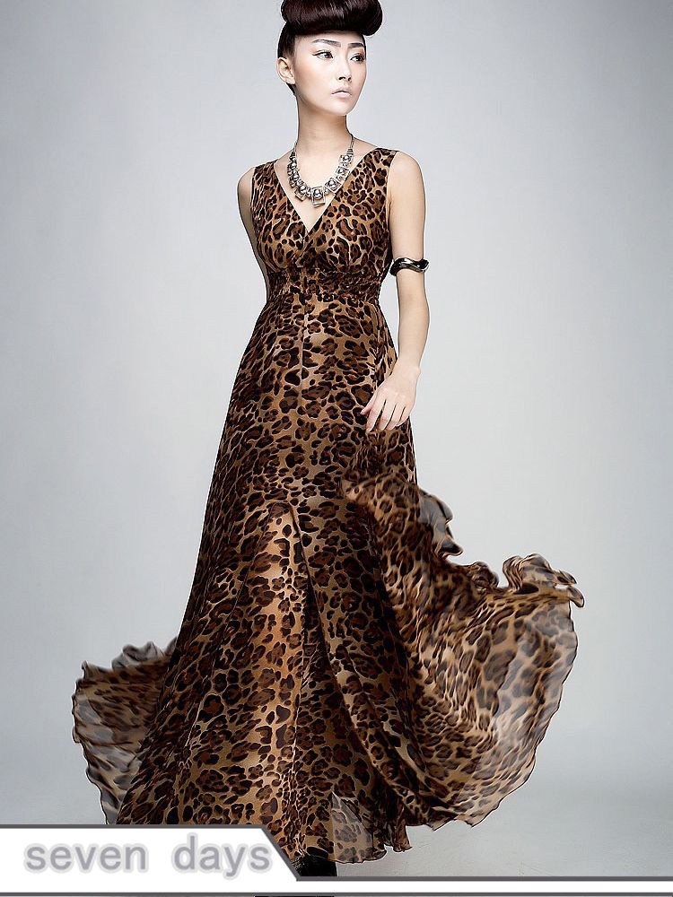 Free Shipping New Sexy Women V-neck High Waist Leopard Tankl Maxi Dress SL072225LO