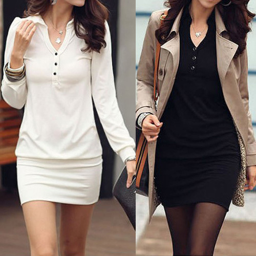 Free Shipping New Simple Elegant Women's V Neck Long Sleeve Black White Brief Slim Fitted Solid Wrap Dress DR105