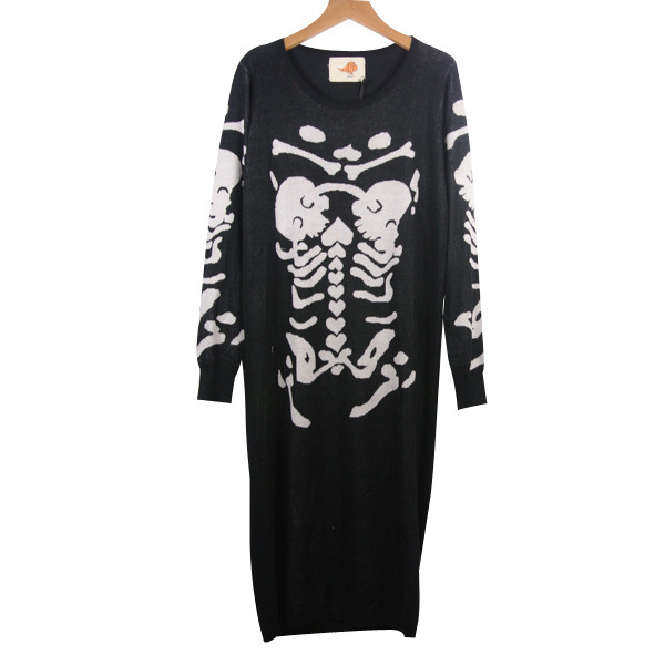 Free shipping new skull Designer cool black and white skull skeleton loose long design long-sleeve sweater one-piece dress