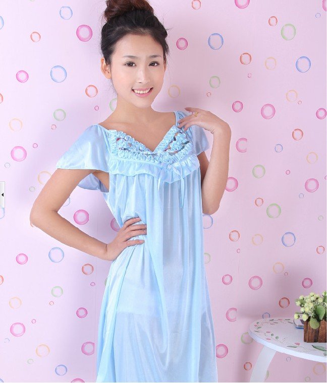Free Shipping New Soft Silk Women Nightgown Sexy Lingerie Female Sleepwear Causal Dress Pajamas For Lady