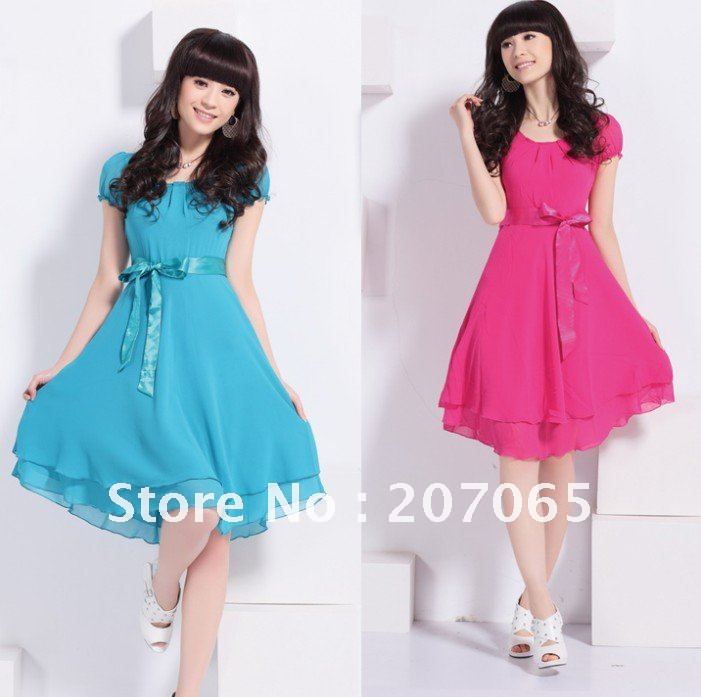 Free shipping new solid color chiffon short sleeve dress,ladies' dress,women chiffon dress 4colour