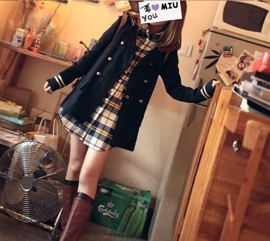 FREE SHIPPING ! NEW Spring and autumn trench outerwear  preppy style turn-down collar double breasted navy suit cardigan 8780