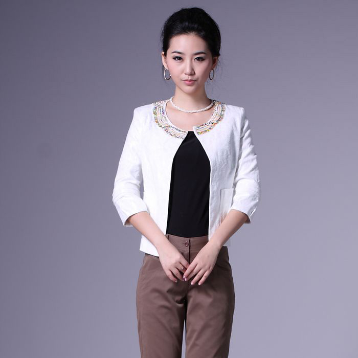 Free shipping new  spring fashion slim solid color beading all-match short top personality half sleeve ol cool coat female