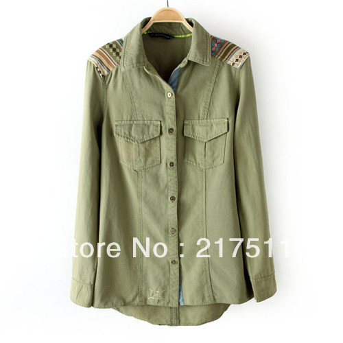 Free Shipping New Spring Korean Loose T-shirts Women C706 Canvas Army Green Long Sleeves Blouse Turn down Shoulder Patchwork