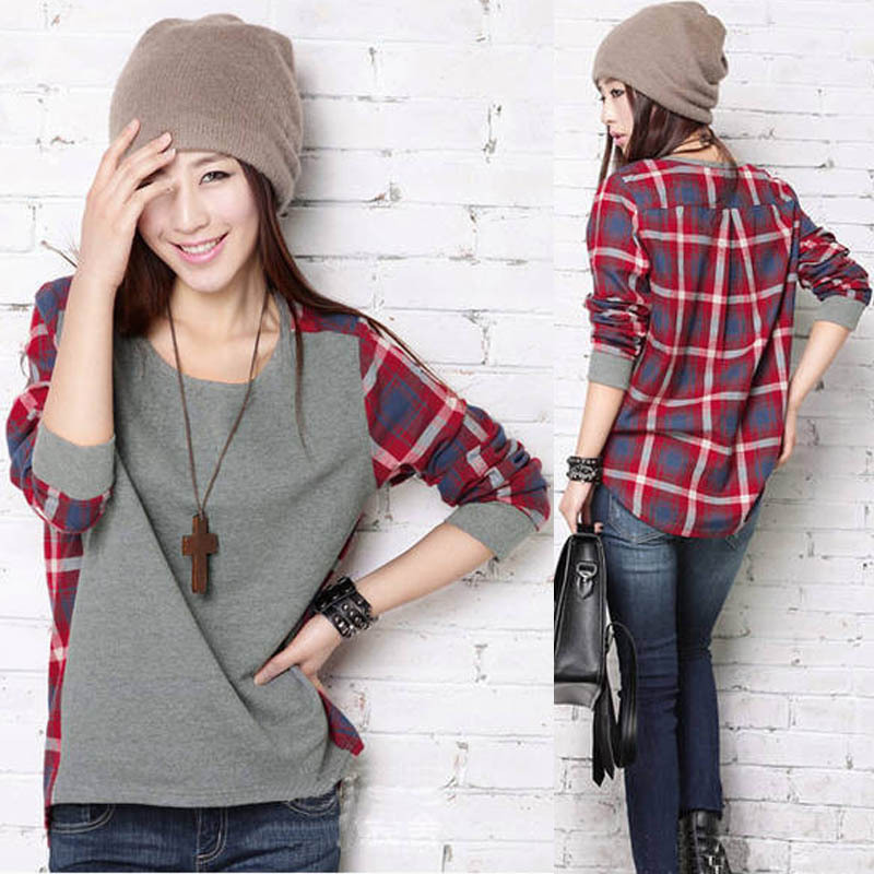 Free shipping new spring round neck  plaid stitching loose long-sleeved T-shirt Y010