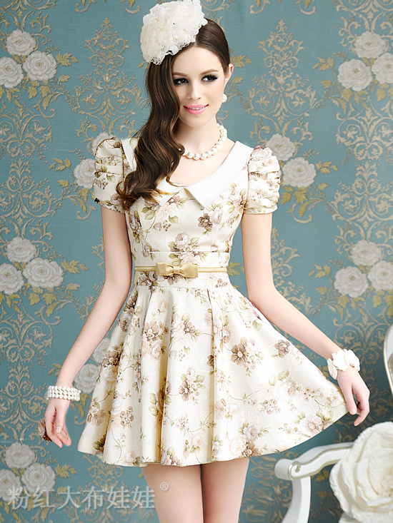 Free Shipping New spring summer   champagne color printing bowknot big skirt dress, lovely bubble short-sleeved dress women