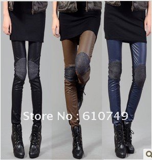 Free shipping New Stitching PU imitation Leather Pants Elastic Waist Trousers Leggings Boots Pants