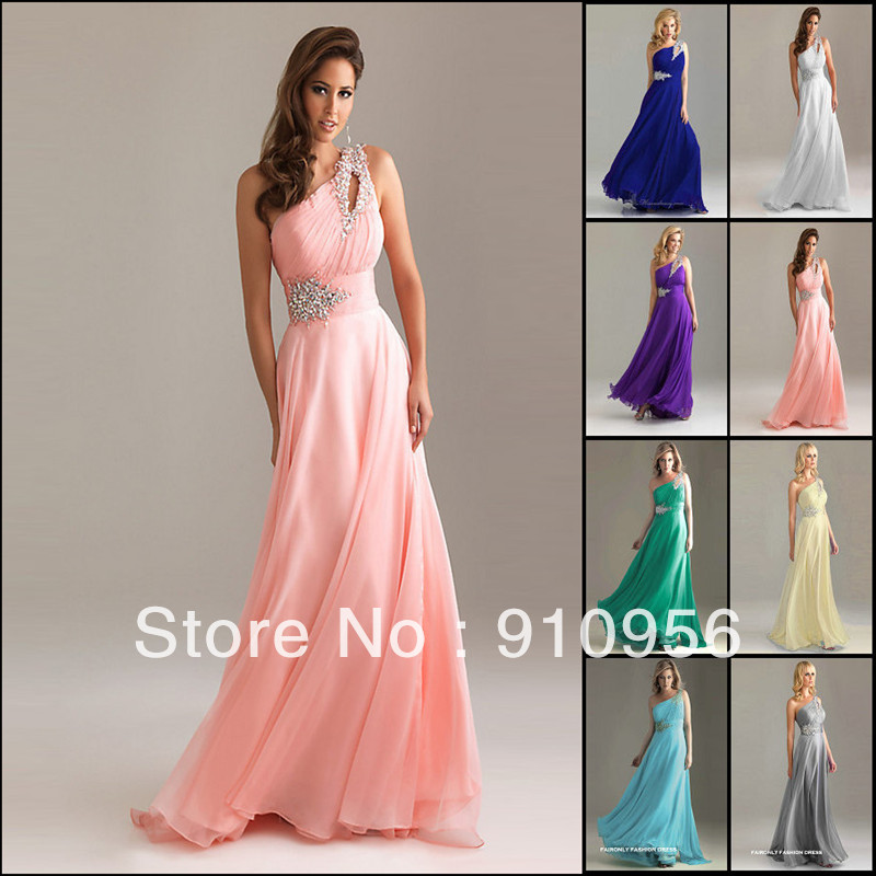 Free Shipping New Stock Elegant Crystal One Shoulder Silk Chiffon Bridesmaid Dress Formal Evening Party Prom Dresses 2013
