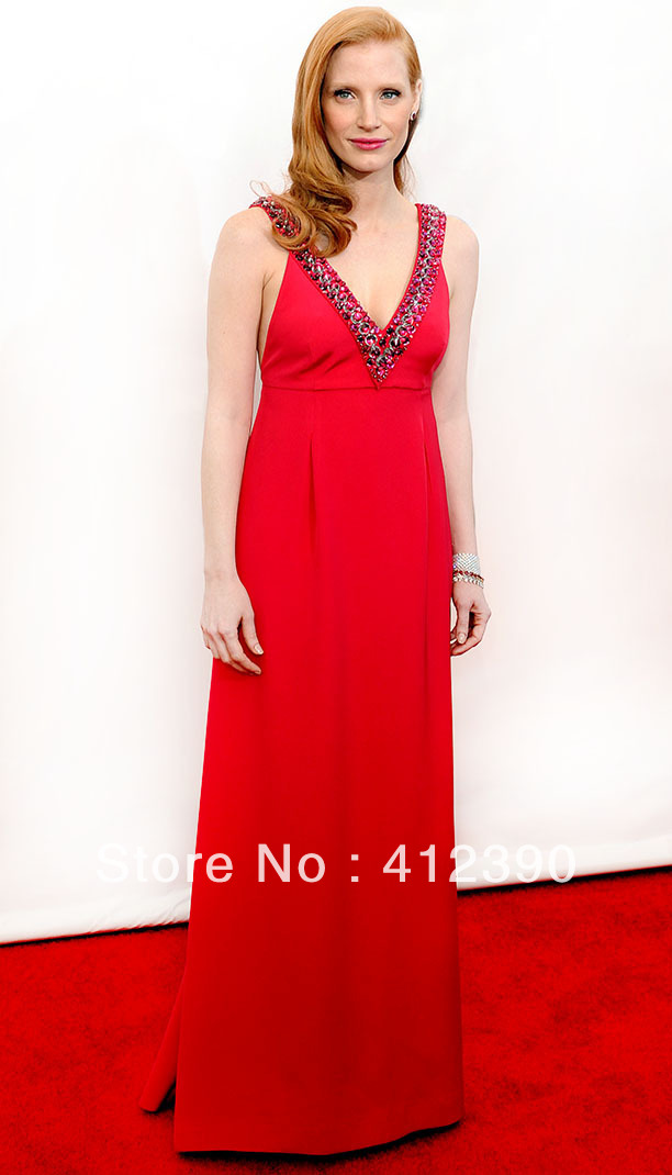 Free shipping new style Jessica red satin V-neck floor length A-line  red carpet dress /celebrity dress