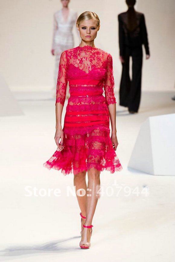 Free shipping new style sexy red lace knee length sequins A-LINE high neck full sleeves cocktail dress