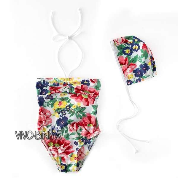 FREE SHIPPING__new style swimsuits Girls two-piece broken flower design hats+one-piece swimsuit lace-up design swimsuit 10ps/lot