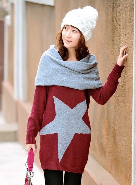 Free Shipping New Style Women's Big Star Design Long Sweater Knitwear+ Neck warmers R3119