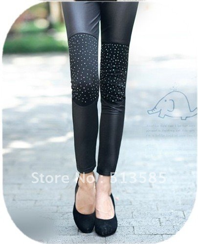 free shipping new thin section knee Lace Rhinestone flash imitation leather oversized stretch black leggings
