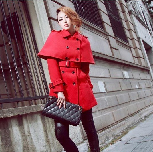 Free shipping New Two Pieces Women's Korean Cape+Long Double-Breasted Trench Wool Outwear Red,Camel Coat